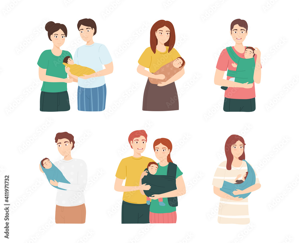 Cartoon Color Characters People Families with Newborn Baby Concept. Vector