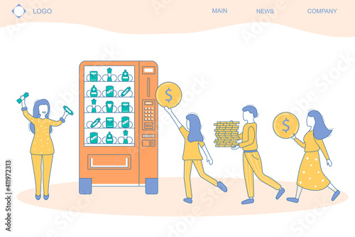 People and Vending Machine Concept Card Landing Web Page Template Contour Linear Style. Vector
