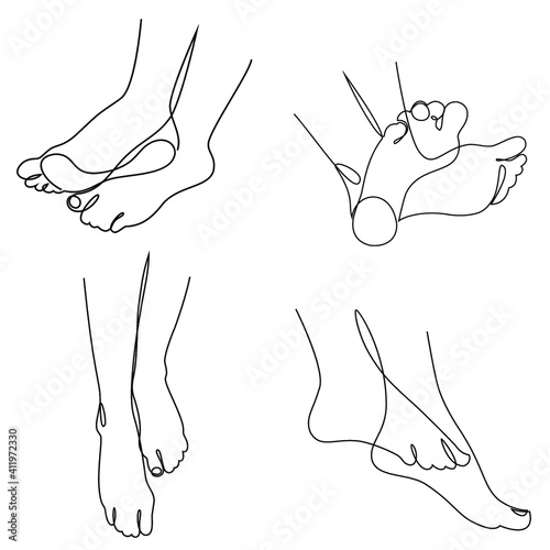 Collection. Silhouettes of human legs. Beautiful woman feet. Graphic image. Vector illustration set.