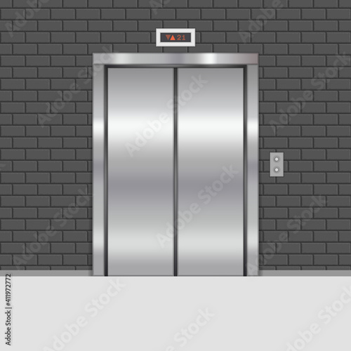 Closed chrome metal office building elevator doors. Vector illustration in realistic style.