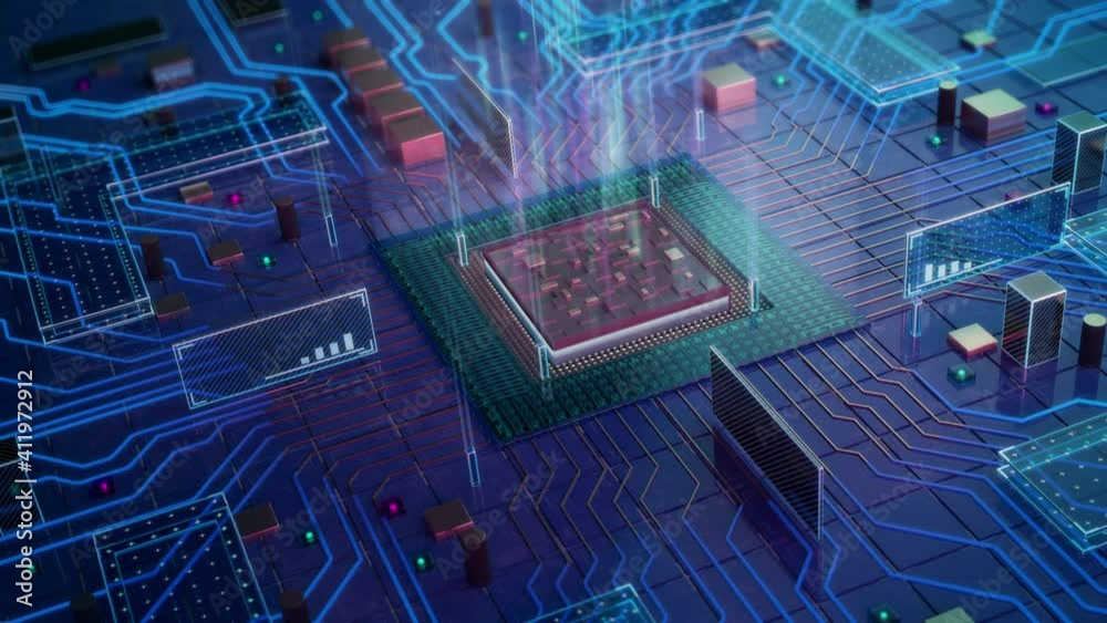 CPU computing visualization.  
Digital Lines Move Data.

Visualization of Machine Learning, AI, Networking and Cloud Computing Data. 
High-quality Ultra HD, 4K 3840x2160 3D animation. 