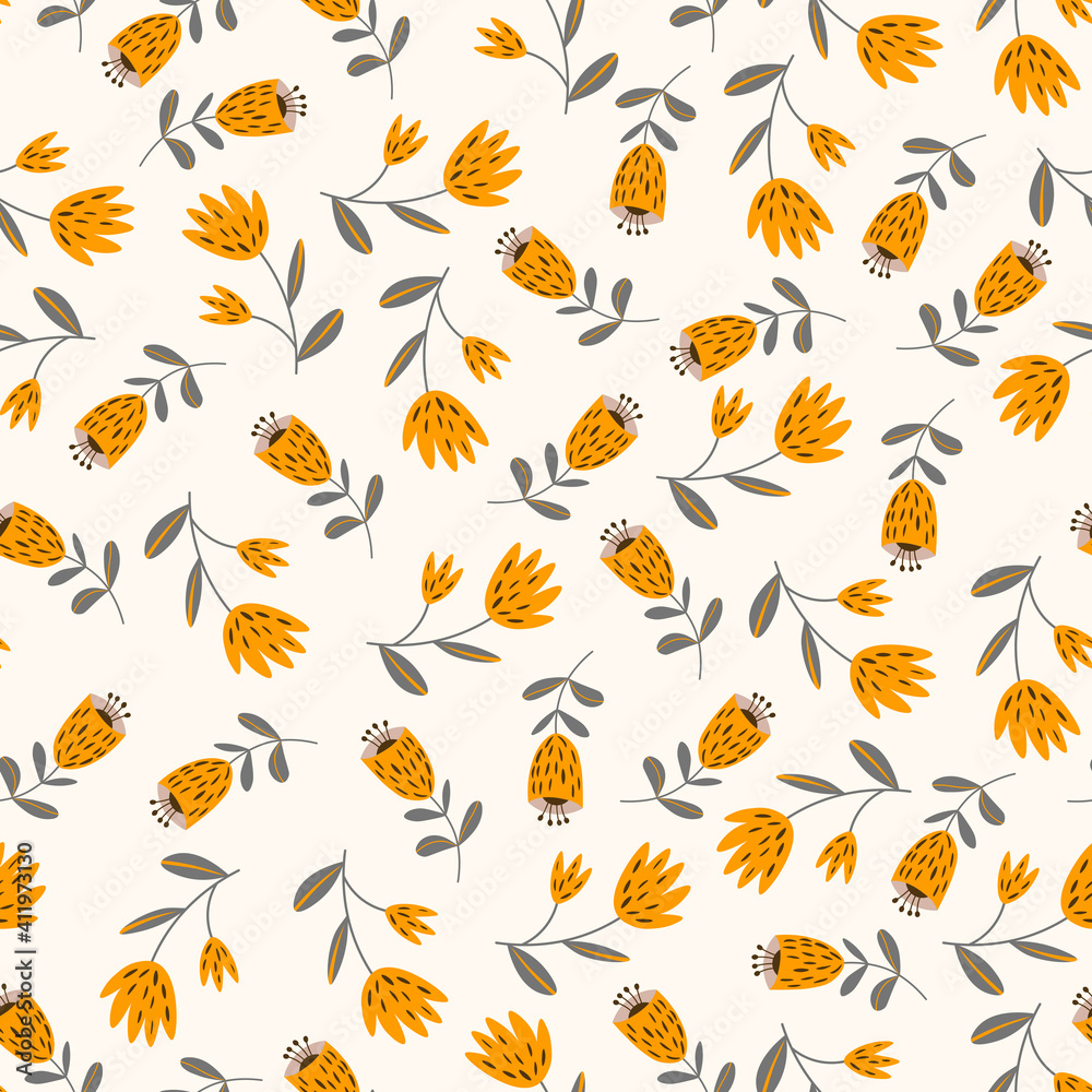 Seamless floral pattern based on traditional folk art ornaments. Colorful flowers on light background. Scandinavian style. Sweden nordic style. Vector illustration. Simple minimalistic pattern Seamless floral pattern based on traditional folk art ornaments. Colorful flowers on light background. Scandinavian style. Sweden nordic style. Vector illustration. Simple minimalistic pattern