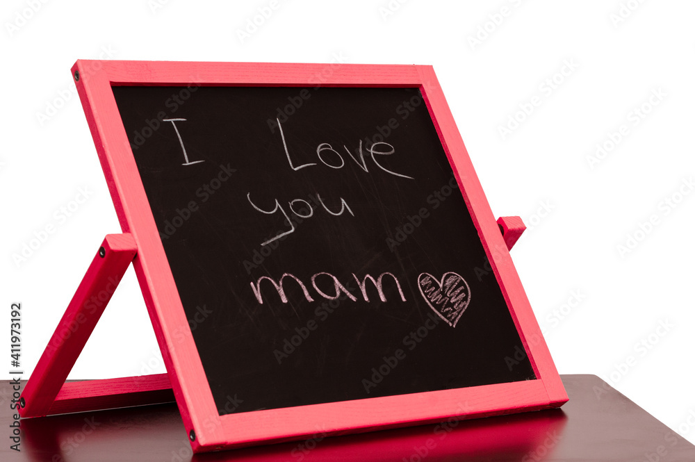 The inscription on the children's board, I love you mom, with a mistake