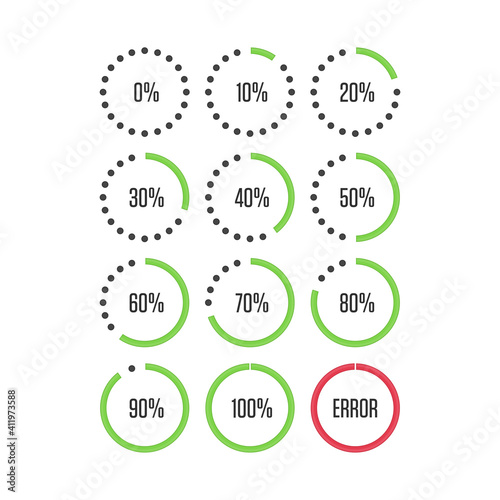 Circle loading or progress bars isolated on white background. Template graph pie chart with gradations 10 20 30 40 50 60 70 80 90 100. Vector illustration EPS 10.