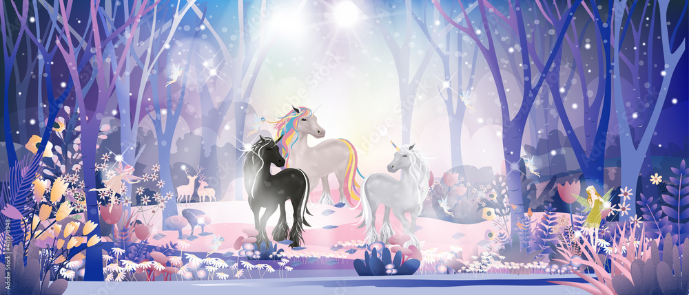 Fantasy cute little fairies flying and playing with Unicorn family in magic forest at Christmas night, Vector illustration landscape of Winter wonderland.Fairytale background for bed time story cover