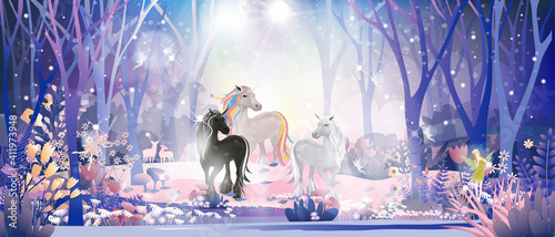 Dekoracja na wymiar  fantasy-cute-little-fairies-flying-and-playing-with-unicorn-family-in-magic-forest-at-christmas-night-vector-illustration-landscape-of-winter-wonderland-fairytale-background-for-bed-time-story-cover