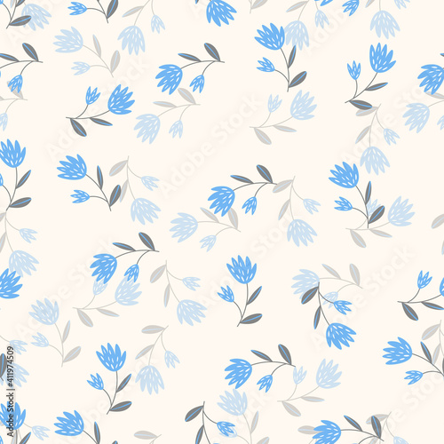 Seamless floral pattern based on traditional folk art ornaments. Colorful flowers on light background. Scandinavian style. Vector illustration. Simple minimalistic pattern with nature element. © Alla