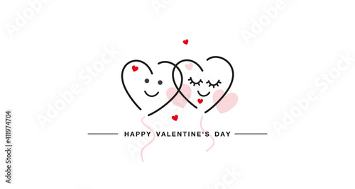 Happy Valentines Day handwritten line art design love faces red pink hearts white isolated background