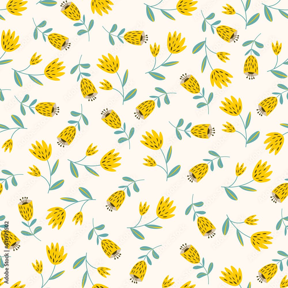 Seamless floral pattern based on traditional folk art ornaments. Colorful flowers on light background. Scandinavian style. Vector illustration. Simple minimalistic pattern with nature element.