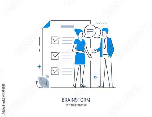 Brainstorm. Business people discussing. Businessman teamwork office meeting communication concept. Professional conference employee. Vector line art illustration. Editable stroke.