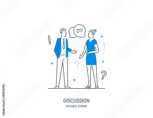 Discussion, collaboration, teamwork power, share opinion, brainstorming. Conversation of a man and a woman. Vector illustration. Editable stroke.