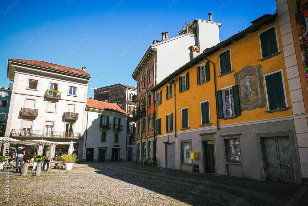 cityscape Locarno with colorful houses yellow red green 