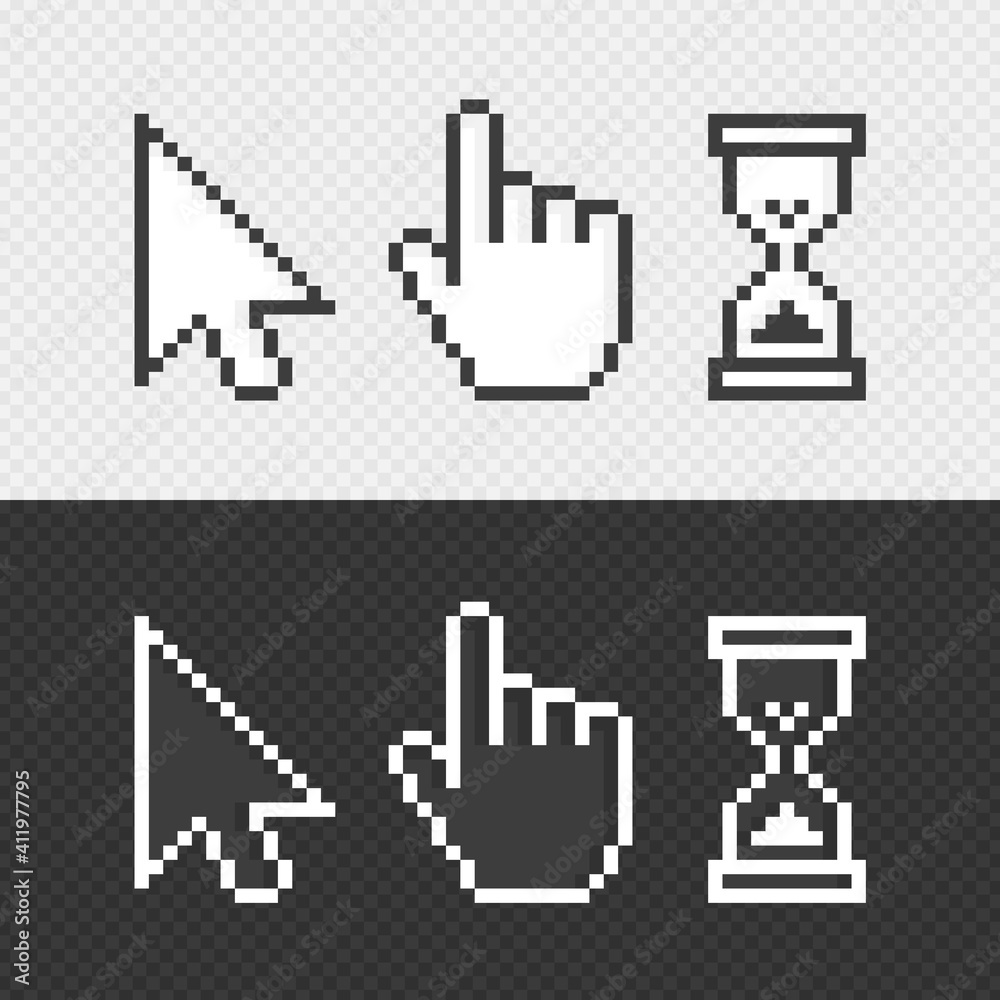 Pixel cursors icons. Vector Mouse hand arrow hourglass. Black and white illustration. EPS 10.