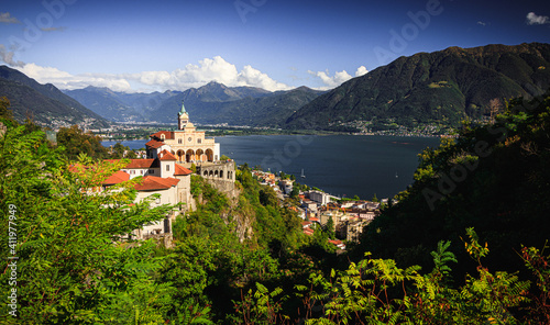 Madonna del Sasso in Locarno blue sky beautiful summer green trees colorful hdr tower