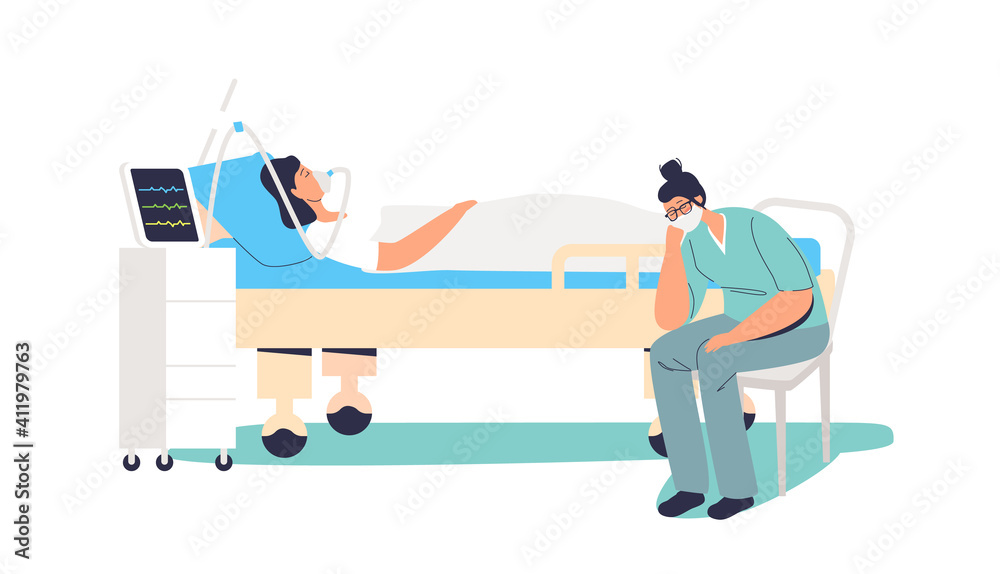 Tired nurse sleeping while observing sick patient with oxygen mask. Medical worker overworked Tired nurse sleeping while observing sick patient with oxygen mask. Medical worker overworked