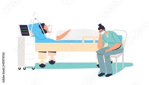 Tired nurse sleeping while observing sick patient with oxygen mask. Medical worker overworked