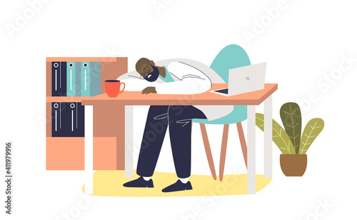 Tired practitioner doctor sleeping lying on desk in his office. Overworked medical worker