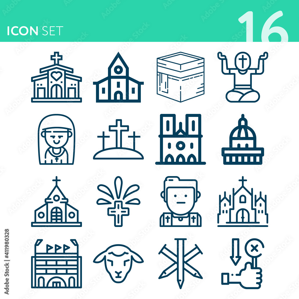 Simple set of 16 icons related to catholicism