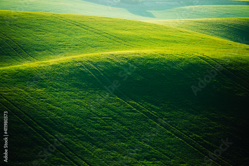 Idyllic wavy fields in agricultural area on a sunny day. Location place of South Moravian region, Czech Republic, Europe. © Leonid Tit