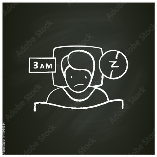 Insomnia chalk icon. Sleep disorder. Healthy sleeping concept. Sleep problems treatment. Falling asleep trouble. Stress. Health care. Isolated vector illustration on chalkboard