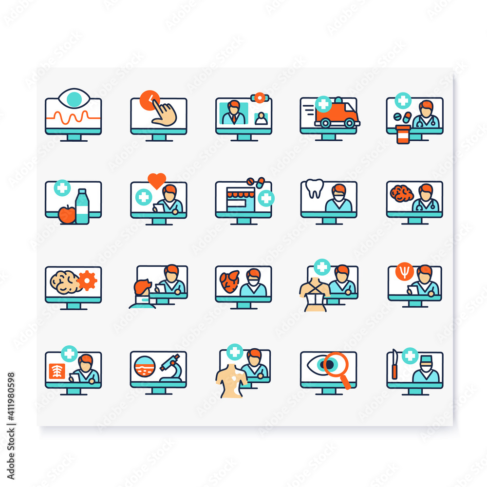 © Antstudio - Telehealth color icons set. Virtual medical consultation. Remote healthy check. Telemedicine, health care concept. Online medical examinations. Isolated vector illustrations.