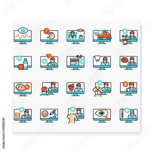  Telehealth color icons set. Virtual medical consultation. Remote healthy check. Telemedicine, health care concept. Online medical examinations. Isolated vector illustrations. 
