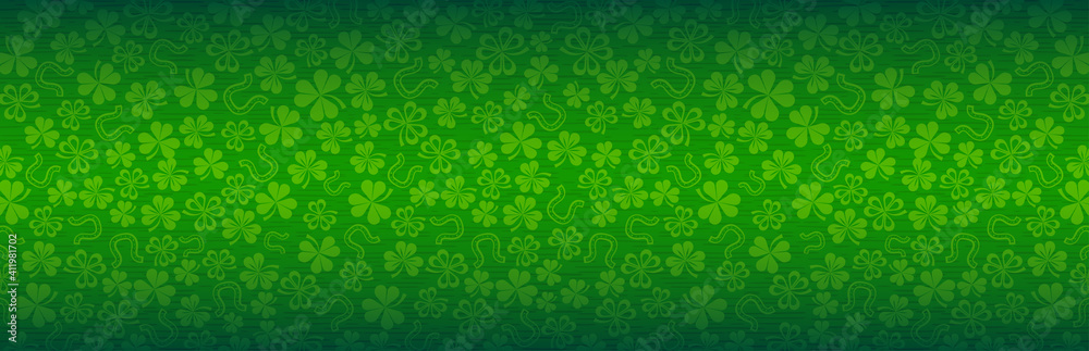 Green Patrick's Day greeting banner with green clovers. Patrick's Day holiday design. Horizontal background, headers, posters, cards, website. Vector illustration