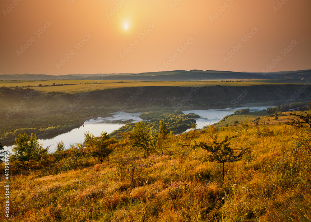 Stunning view of the sinuous Dniestr river in sundown.