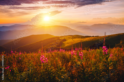 Attractive evening landscape illuminated by the sunset. Carpathian mountains  Ukraine  Europe.