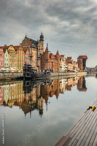 Cityscape of Gdansk old town on the river Motlawa  Poland
