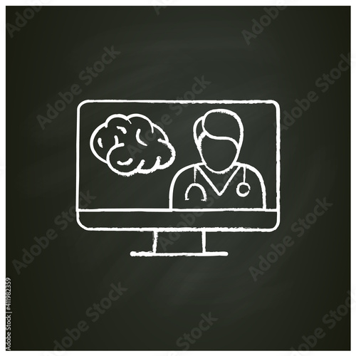 Online neurology chalk icon. Telehealth medical care. Virtual neurologist consultation. Telemedicine, health care concept. Online medicine, neuroscience. Isolated vector illustration on chalkboard