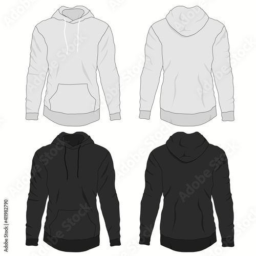 Hoody fashion, sweatshirt template. Realistic outerwear clothes mockup front and back view.