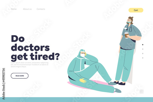 Landing page with tired doctor and nurse in protective uniform and masks during covid pandemic