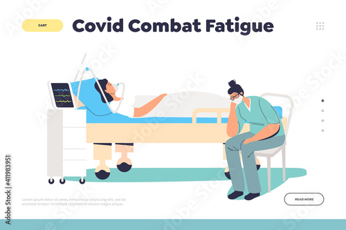 Covid combat fatigue concept of landing page with tired nurse sleeping near patient with oxygen mask