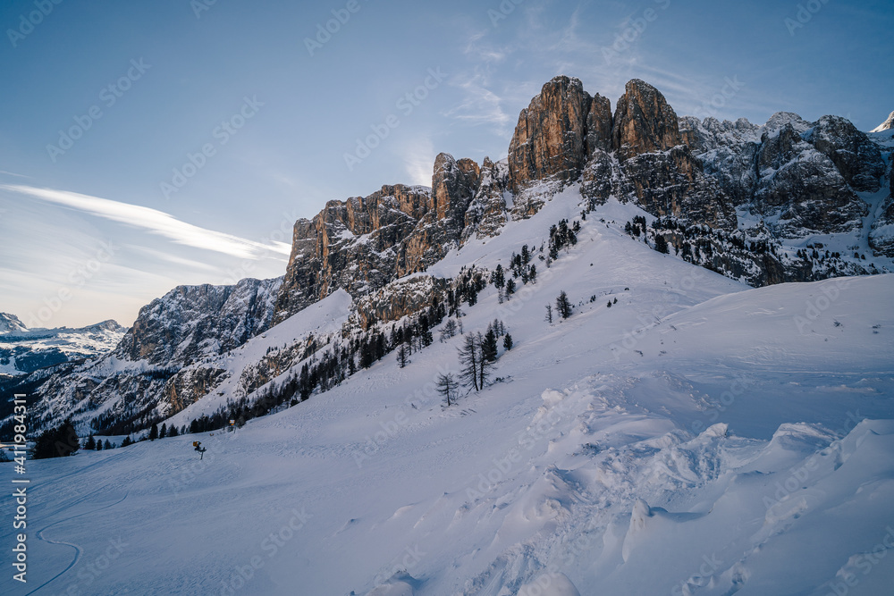 Winter view of Sella Ronda from Gardena Pass, South Tyrol, Italy. Snowy Dolomites of Alto Adige, Corvara.  