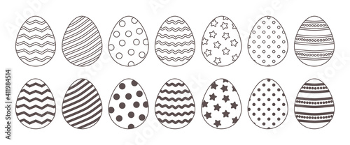 Easter line vector eggs icon, black and white outline and flat design. Doodle holiday illustration