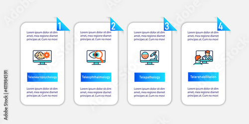  Telehealth vector infographic. Healthcare organizations platforms. Remote healthy check. Telemedicine template for presentations,workflow layout, banner. Design elements with icons and 4 steps