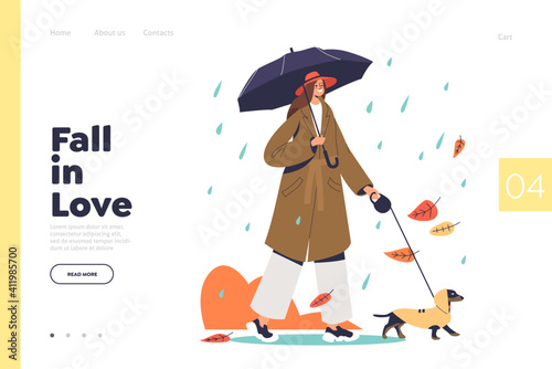 Autumn time to fall in love concept of landing page with woman walking dog under umbrella in rain