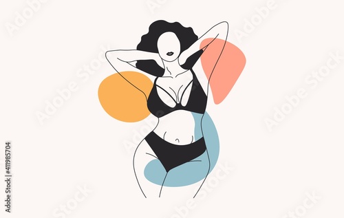 Stylish faceless woman. Hand drawn female silhouette with abstract shapes for print. Body positive concept. Vector fashion illustration
