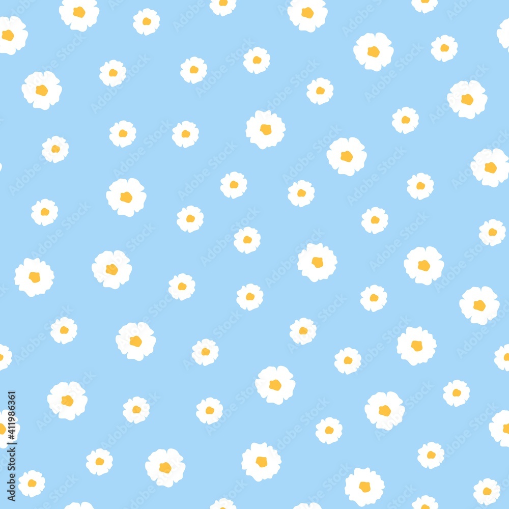 Daisy flower seamless pattern on blue background. Cute floral texture for print, fabric, wrapping paper. Flat design vector illustration Daisy flower seamless pattern on blue background. Cute floral texture for print, fabric, wrapping paper. Flat design vector illustration