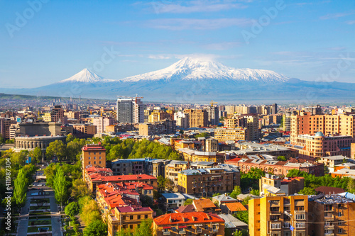 Mount Ararat (Turkey) at 5,137 m viewed from Yerevan, Armenia. This snow-capped dormant compound volcano consists of two major volcanic cones described in the Bible as the resting place of Noah's Ark.