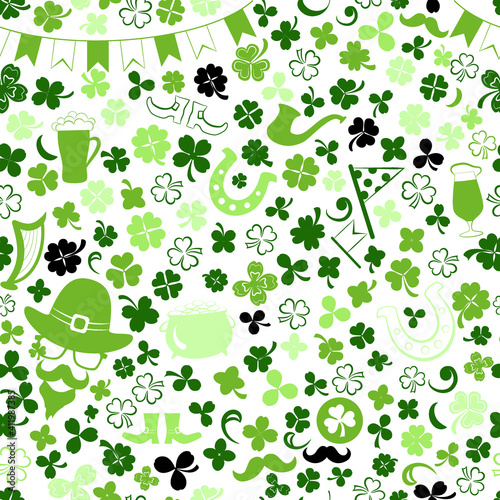 Seamless pattern on St. Patrick s Day made of clover leaves and other symbols in green colors