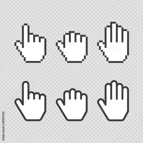 Pixel cursors icons. Vector Mouse hand symbol. Black and white illustration. EPS 10.