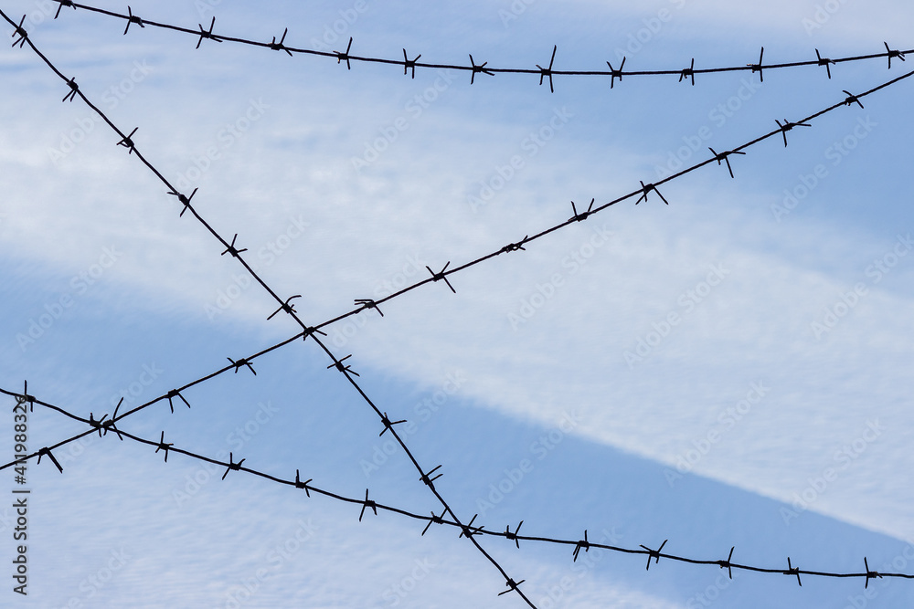 Old barbed wire on a background of snow. Barbed wire closeup. Shallow depth of field. Siberia, Russia. Old barbed wire on a background of snow. Barbed wire closeup. Shallow depth of field. Siberia, Russia.