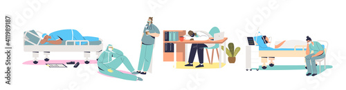 Set o tired doctors and nurses sleeping in hospitals and clinics during covid outbreak