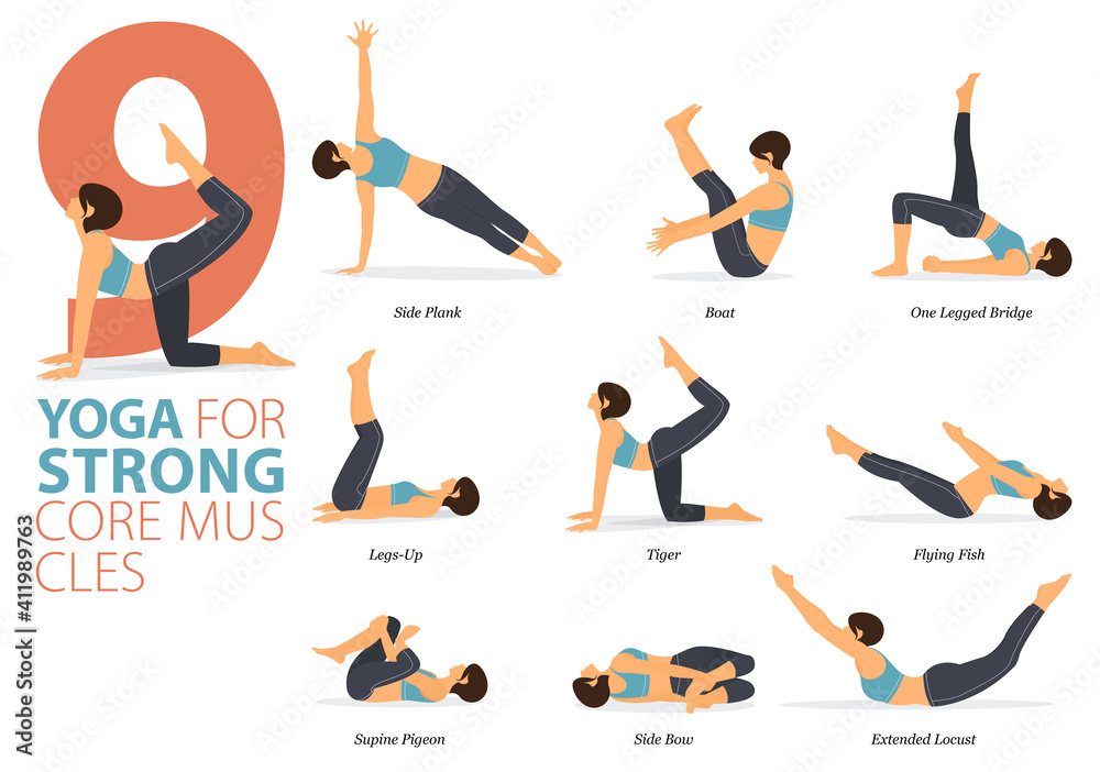9 Yoga poses or asana posture for workout in Strong Core Muscle concept.  Women exercising for body stretching. Fitness infographic. Flat cartoon  vector Stock Vector