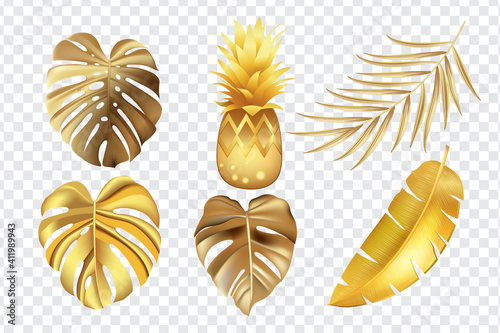 Gold tropical leaves set isolated on transparent background.