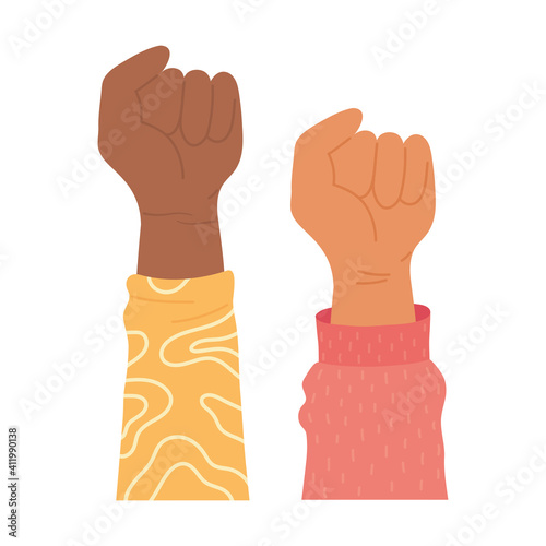 black Lives, black and white hands strong fists raised together