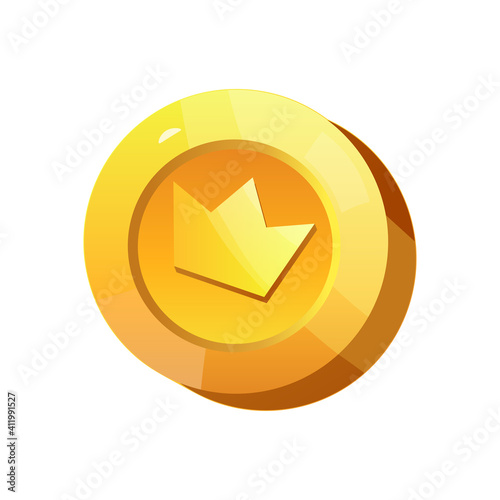 Golden coin with crown icon for game design. Vector illustration isolated on white background.