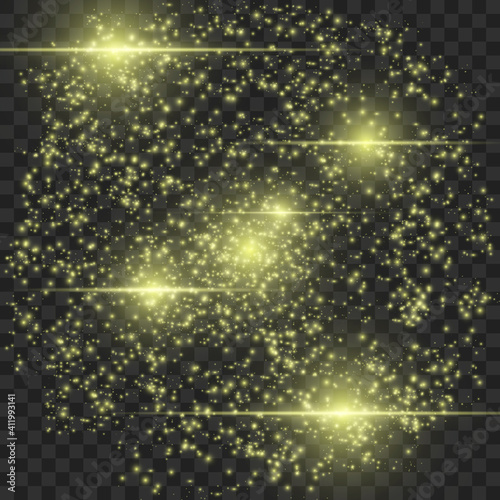 Accumulation of flickers. Abstract stylish light effect on a black background. Gold glowing neon lines. Gold glowing dust and glare. Flash Light. Light trail. Vector illustration. EPS 10